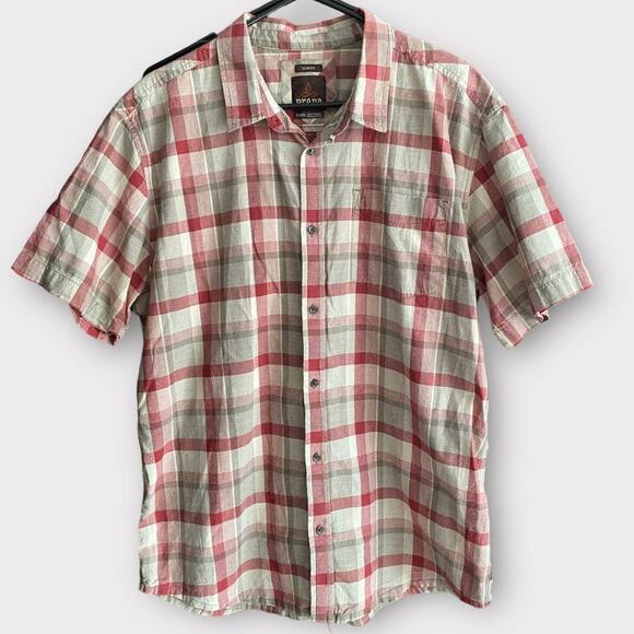 PrAna Mens Short Sleeve Button Front Plaid Shirt Slim Fit XL Pink White - Picture 1 of 8